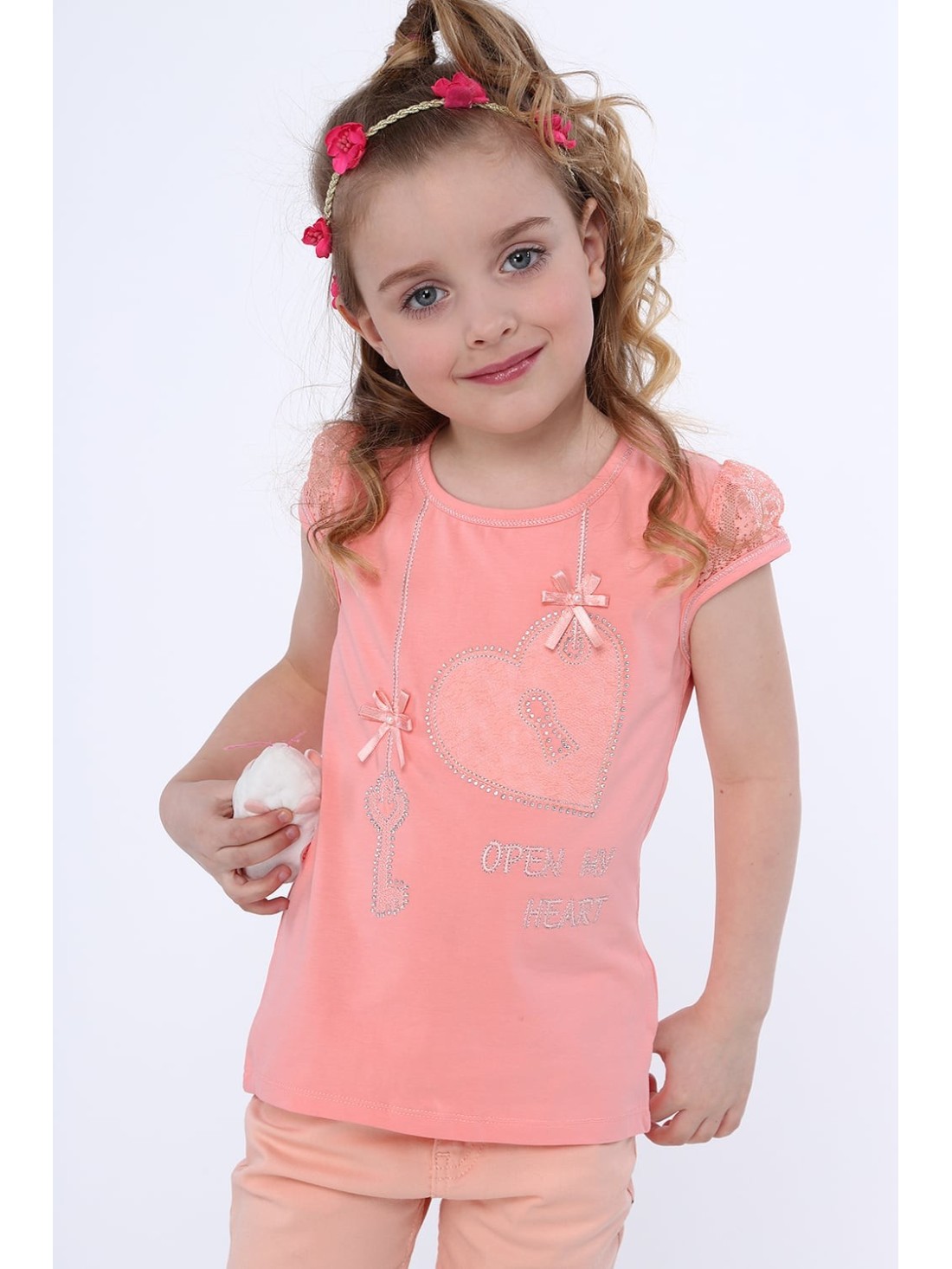 T-shirt with lace sleeves, peach NDZ8147 - Online store - Boutique